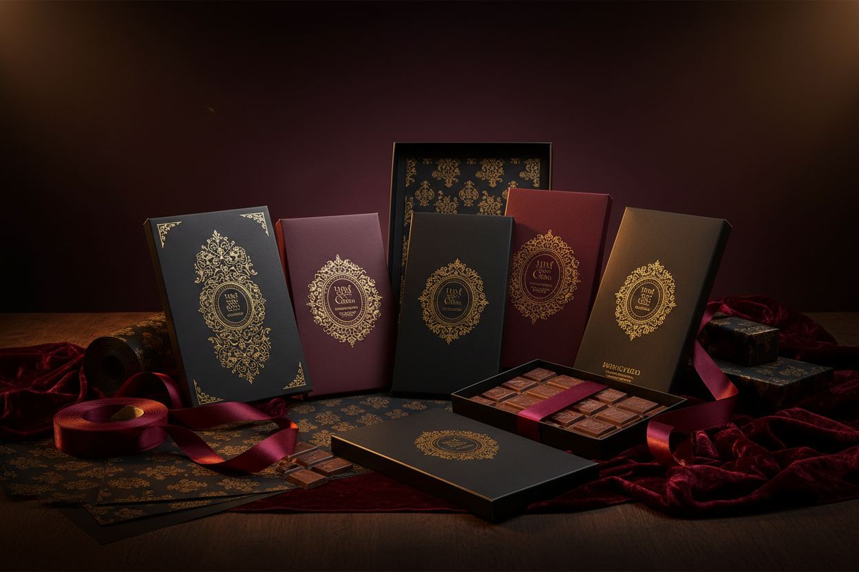 Create a luxurious promotional banner for premium chocolate bars as gift options. Addhigh-quality background image showing beautifully packaged chocolate bars. No text